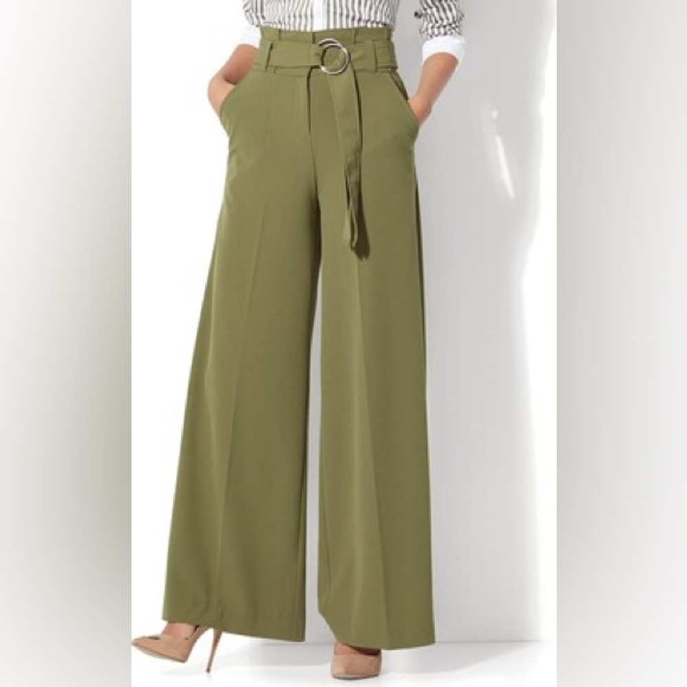 New York & Company Green Wide Leg Pants with Tie Waist